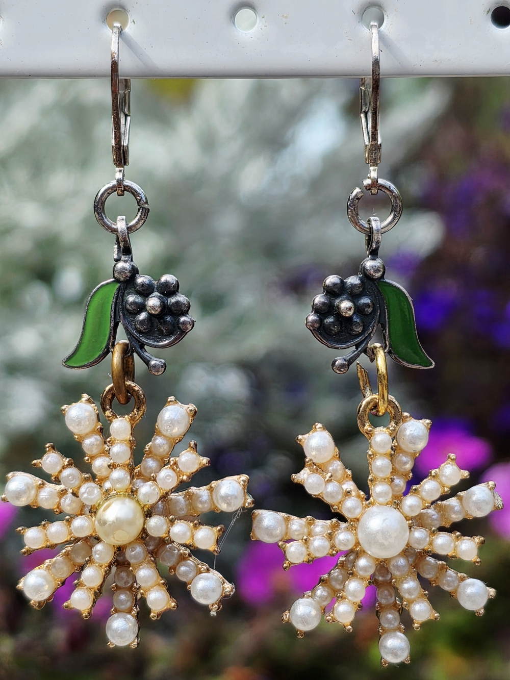 Pearl Burst Floral Drop Earrings - Gold and Green